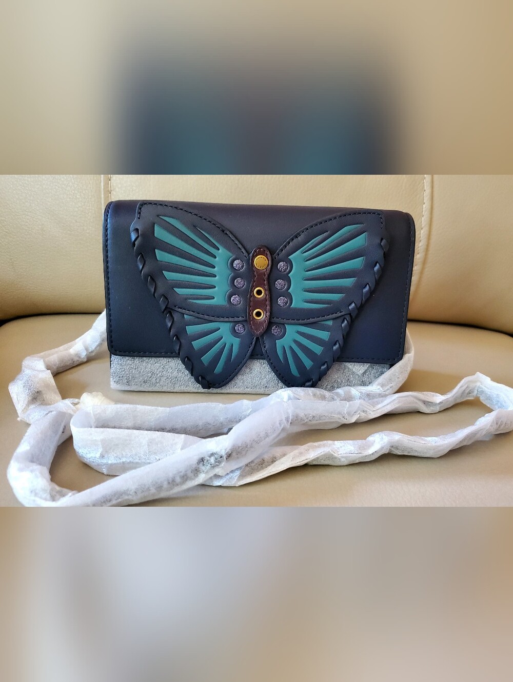 Coach Navy Flap Belt Bag with Teal Butterfly Detail